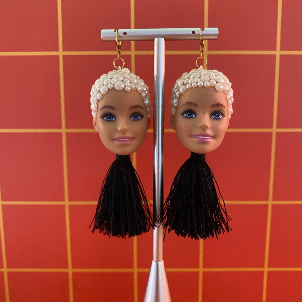Retro Pearl and Black Tassel Barbie Earrings